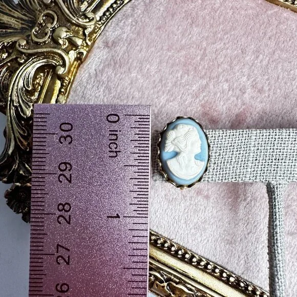 Vintage Gold Tone Blue & White Cameo Screw-back Earrings Mid-Century Modern MCM - Picture 2 of 9